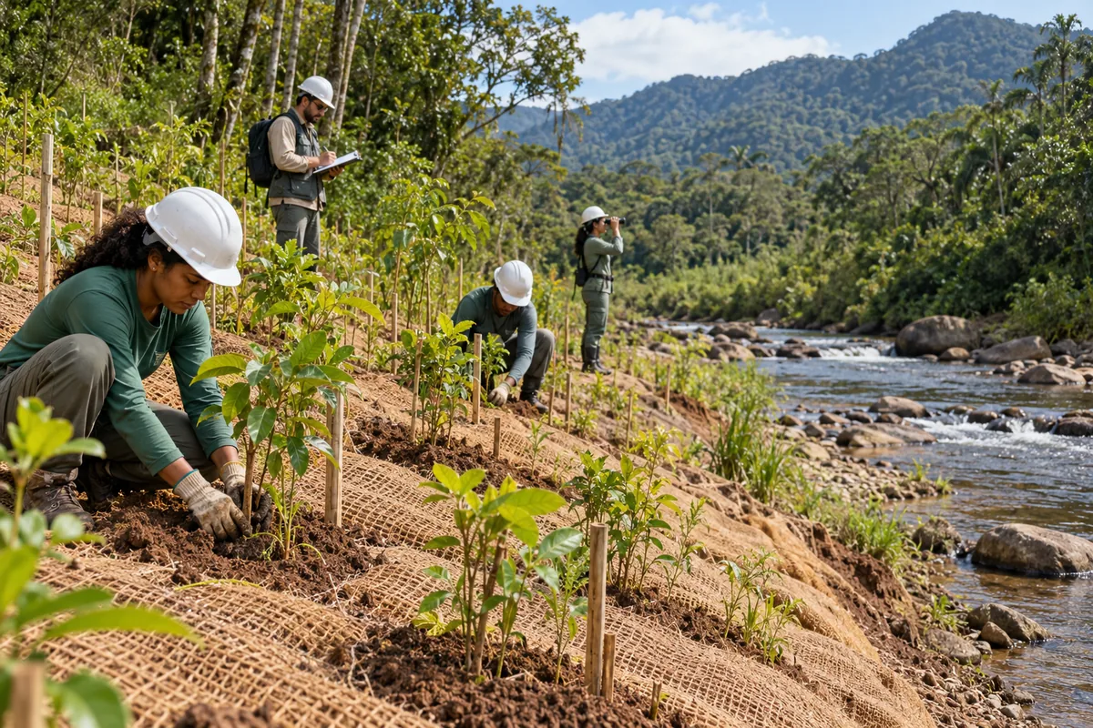 Equipe planta espécies nativas e controla erosão em margem de rio degradada