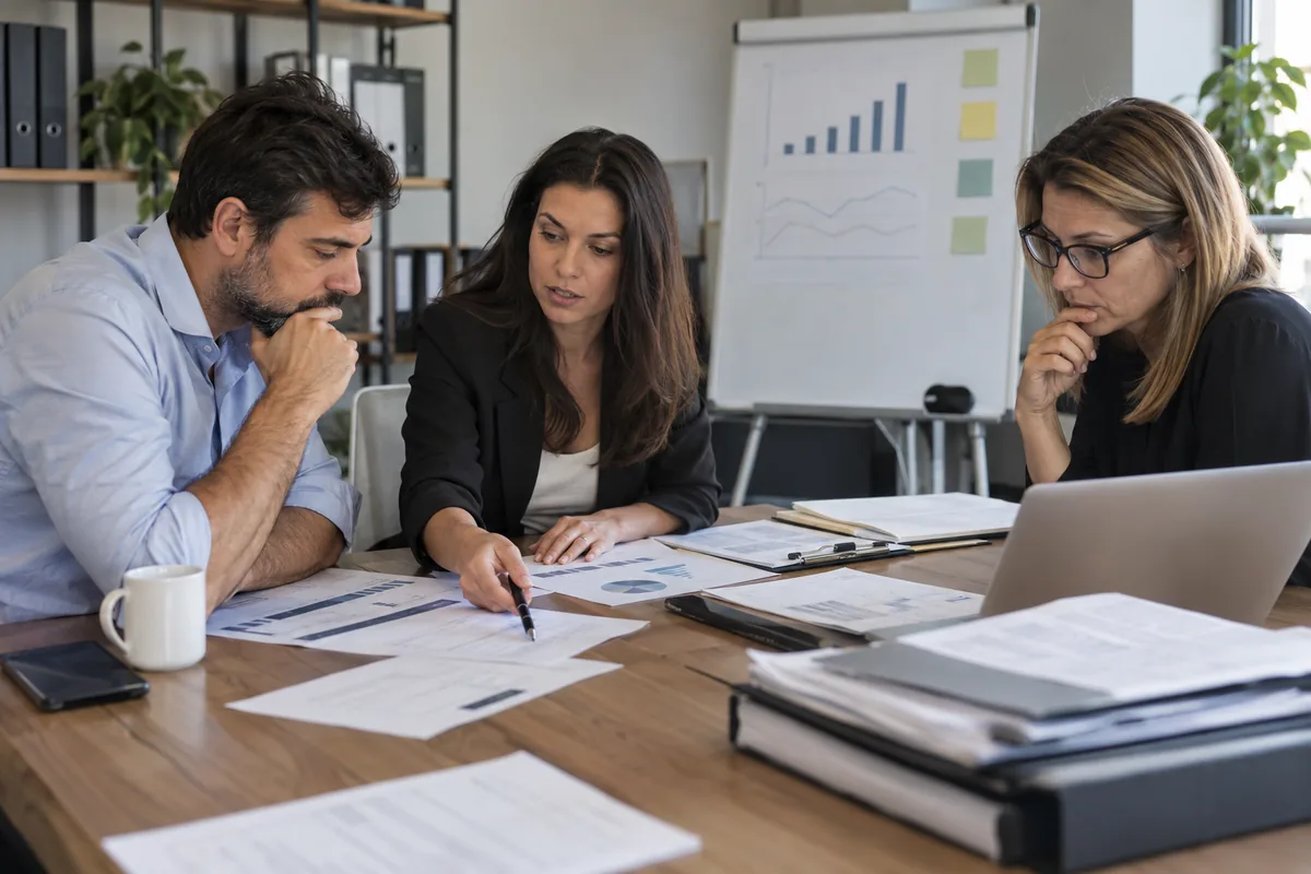 Sócios e consultora analisam dados financeiros para recuperação judicial