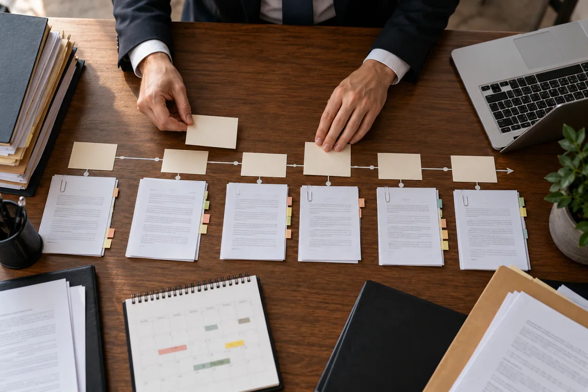 Advogado organiza documentos e etapas de recurso em linha do tempo
