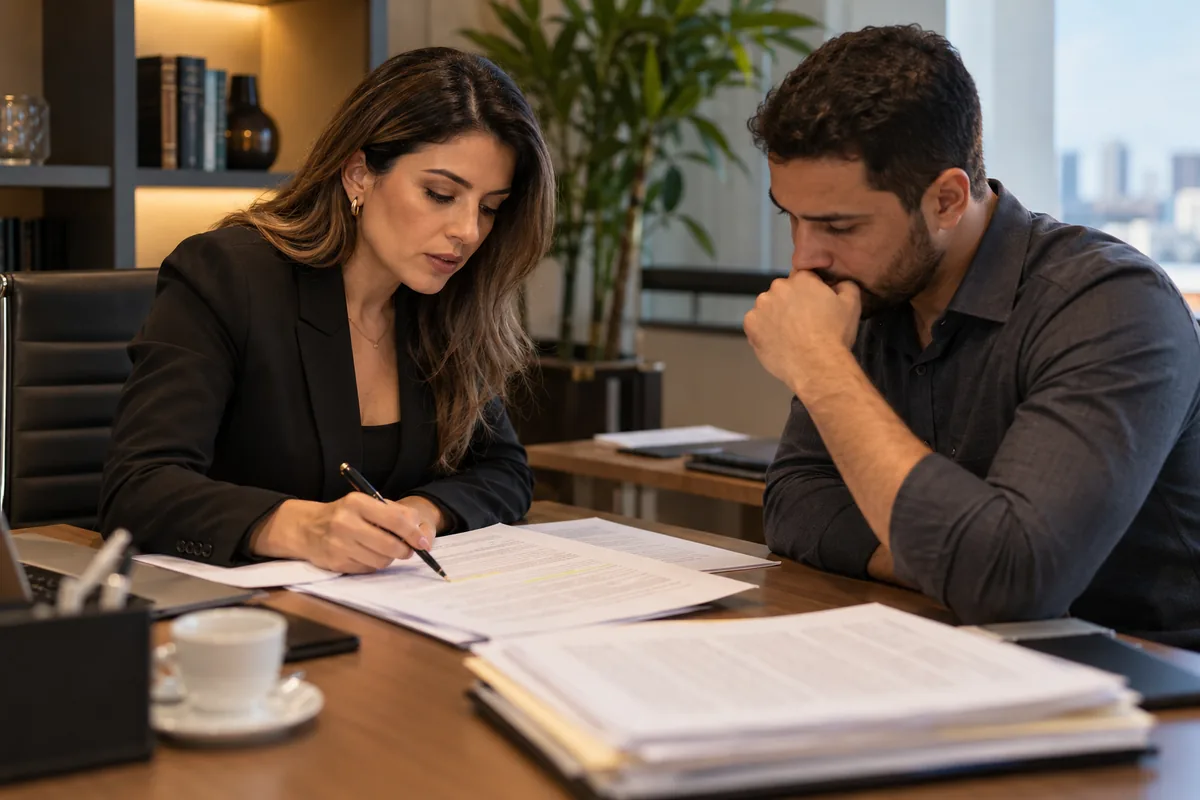 Advogada revisa sentença com cliente para preparar recurso criminal