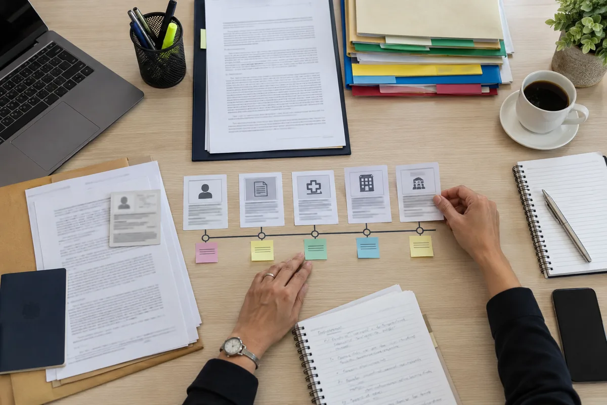Organização de documentos e linha do tempo para recurso previdenciário
