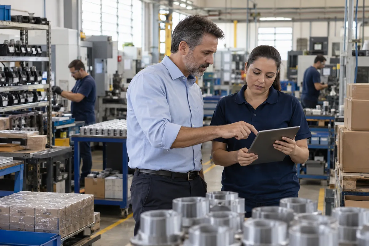 Gestores conferindo estoque e capacidade produtiva durante reestruturação empresarial