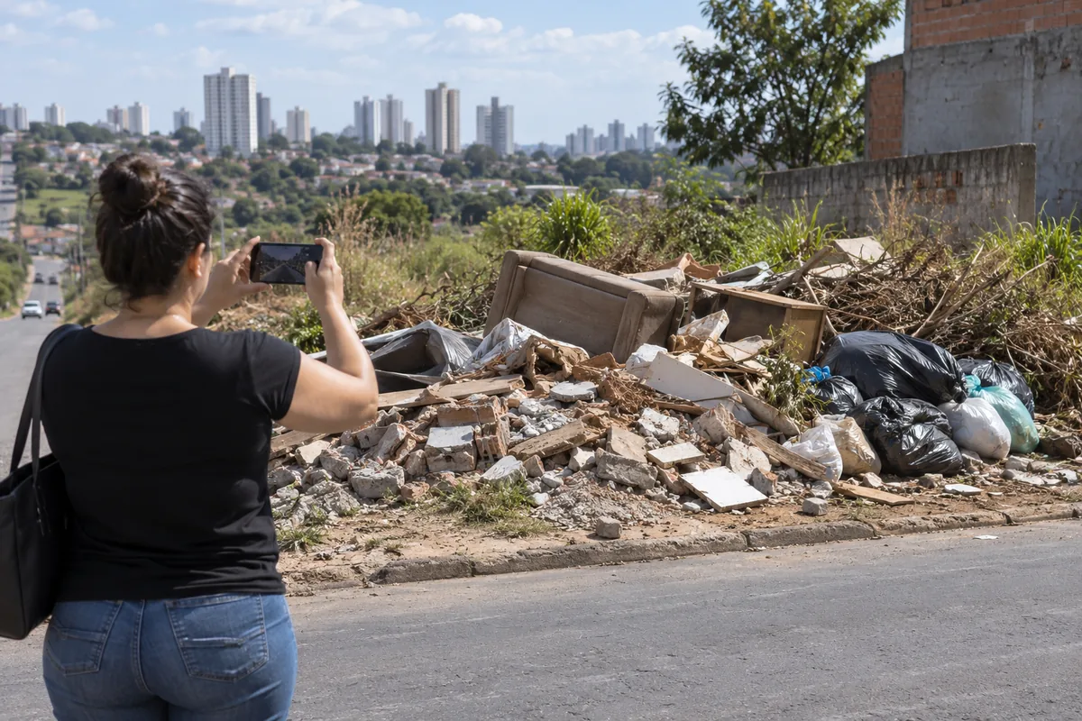 Pessoa registra descarte irregular de resíduos em terreno urbano