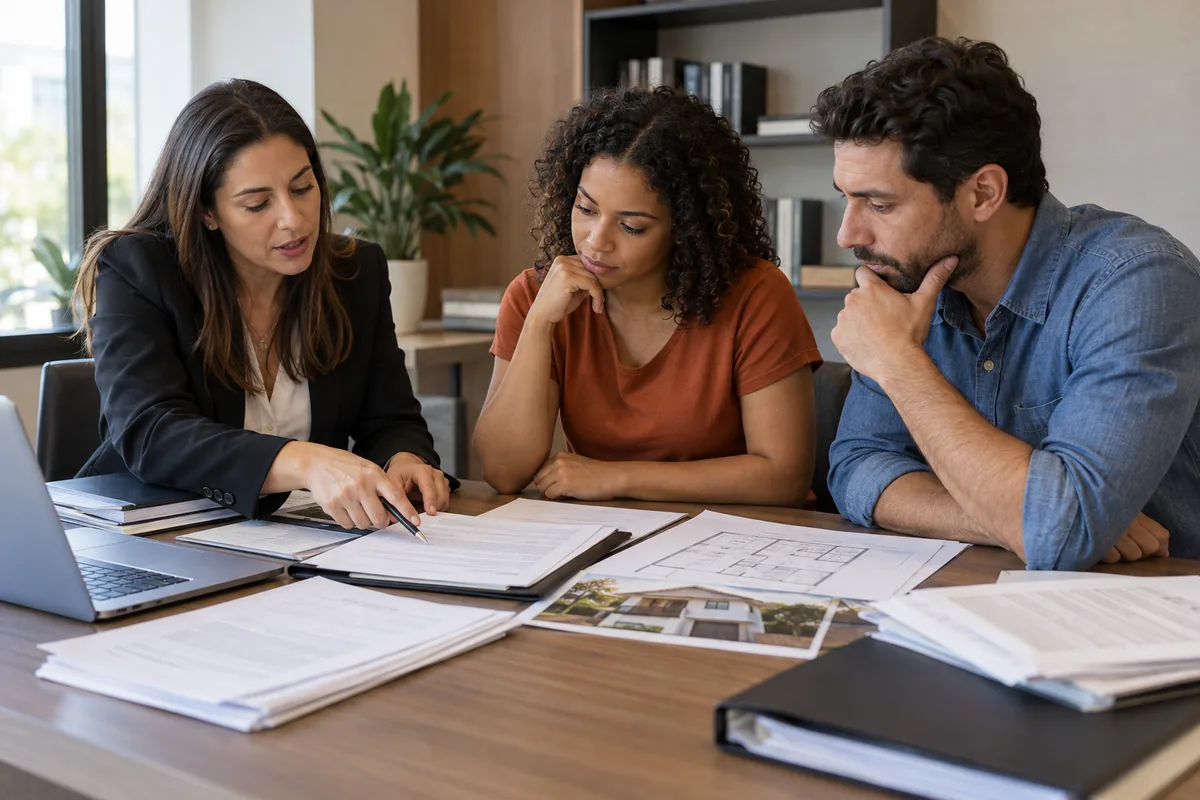 Advogada orientando casal sobre certidões e regularização imobiliária