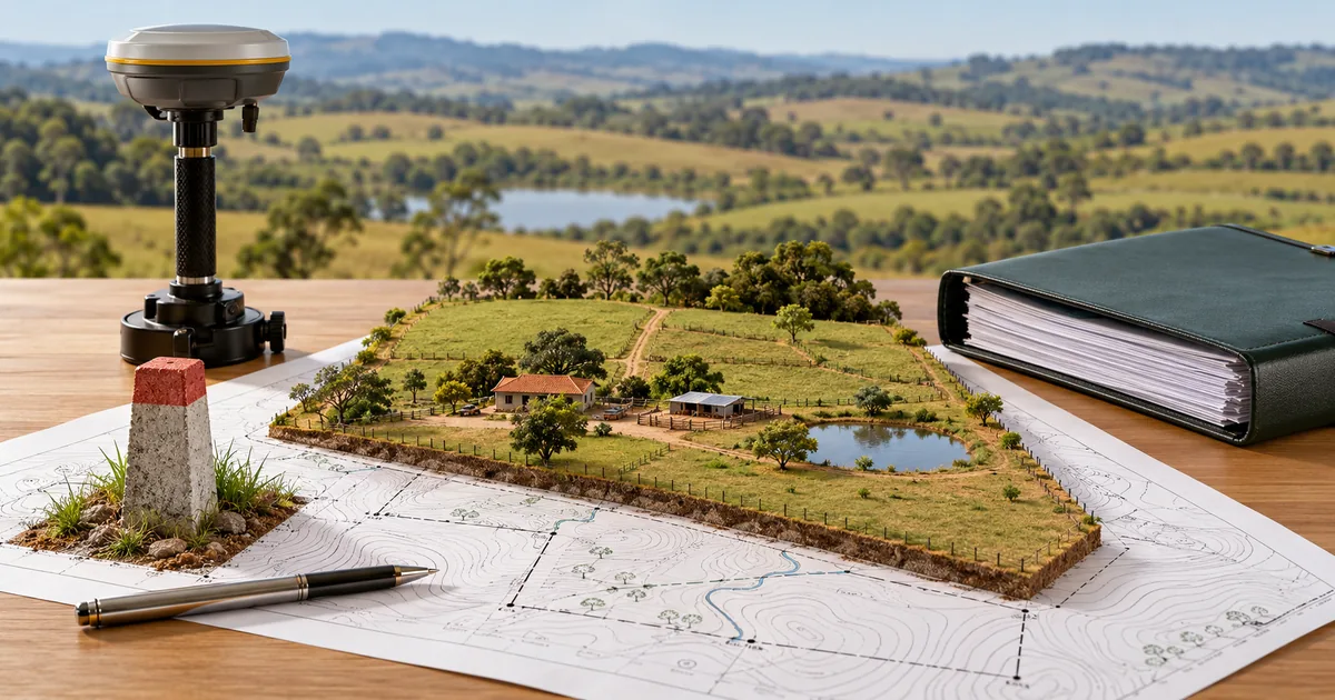 Propriedade rural sobre mapa topográfico com marco e receptor GNSS