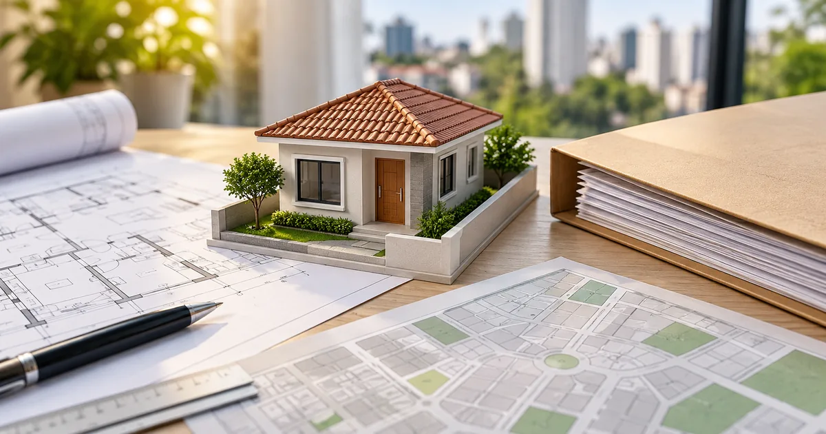 Maquete de casa entre planta, mapa urbano e documentos