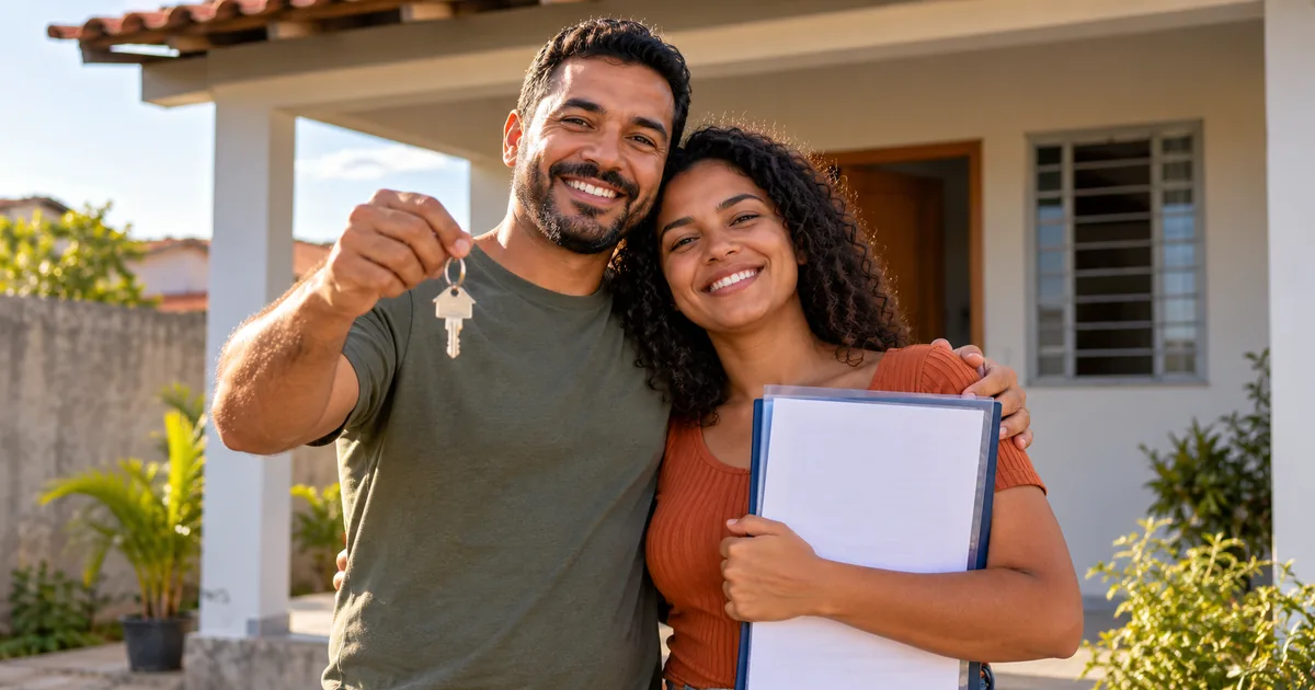Casal com documentos e chaves diante do imóvel após regularização