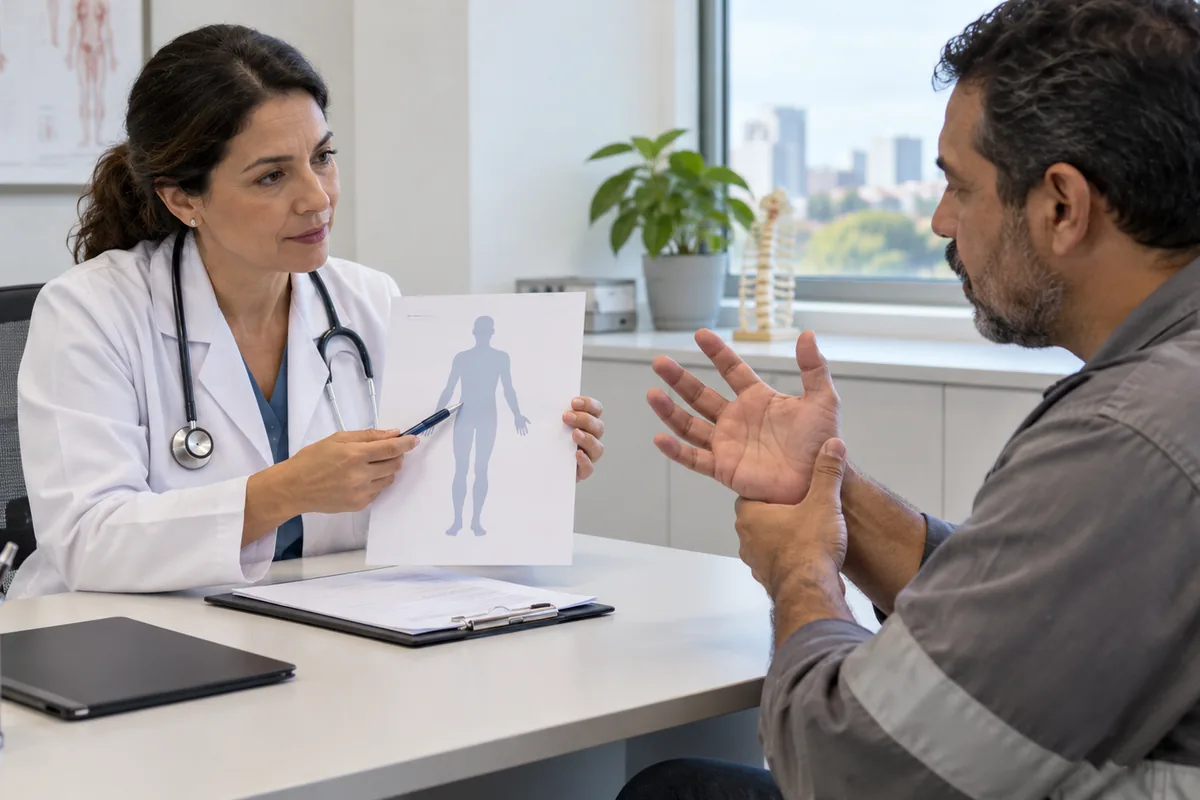 Médica conversa com trabalhador sobre limitações nas mãos