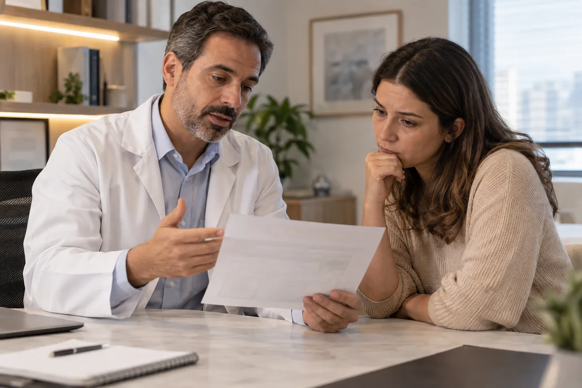 Médico explica relatório clínico a paciente após negativa de cobertura
