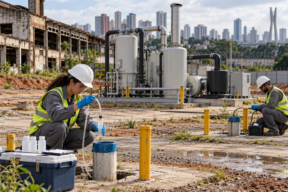 Técnicos monitoram água subterrânea ao lado de sistema de remediação ambiental