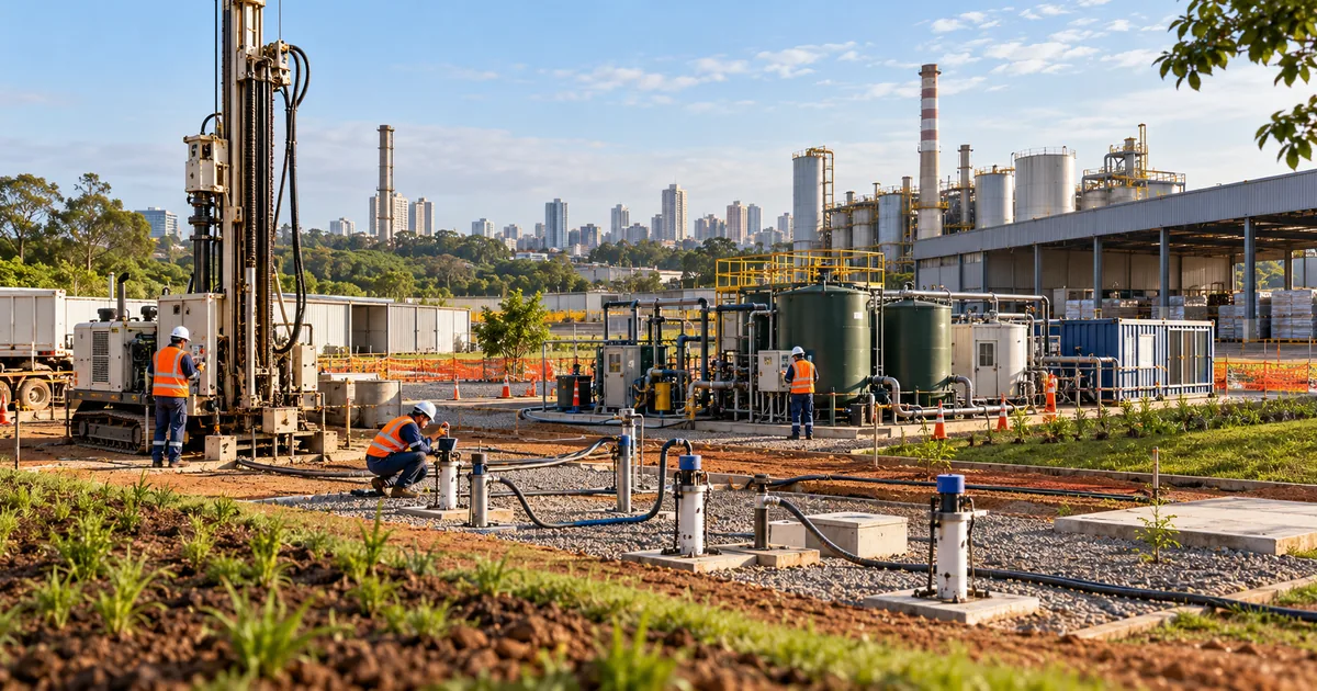 Sistema de remediação ambiental em operação dentro de complexo industrial