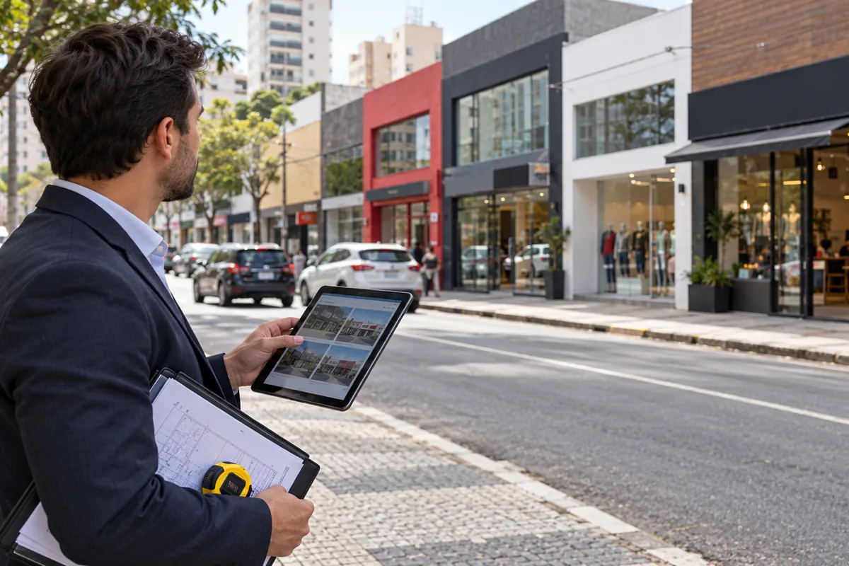 Profissional compara fachadas e valores de pontos comerciais
