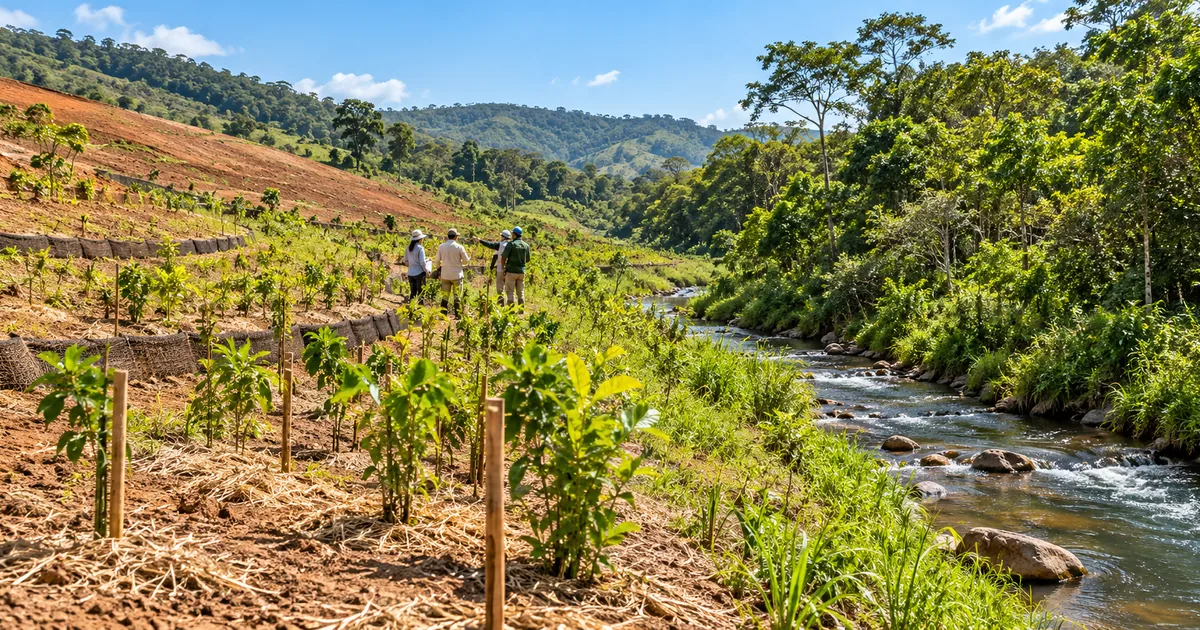 Área degradada em recuperação com vegetação nativa e equipe técnica