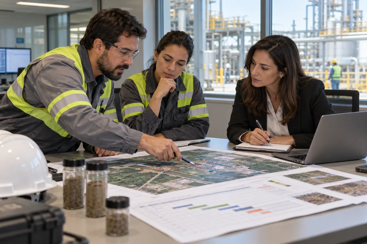 Equipe técnica e jurídica planeja resposta a solo contaminado em instalação industrial