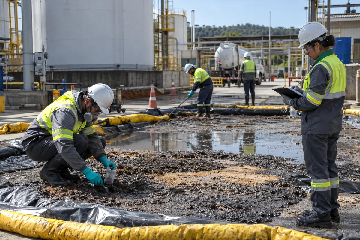 Equipe técnica contém e documenta contaminação em área industrial