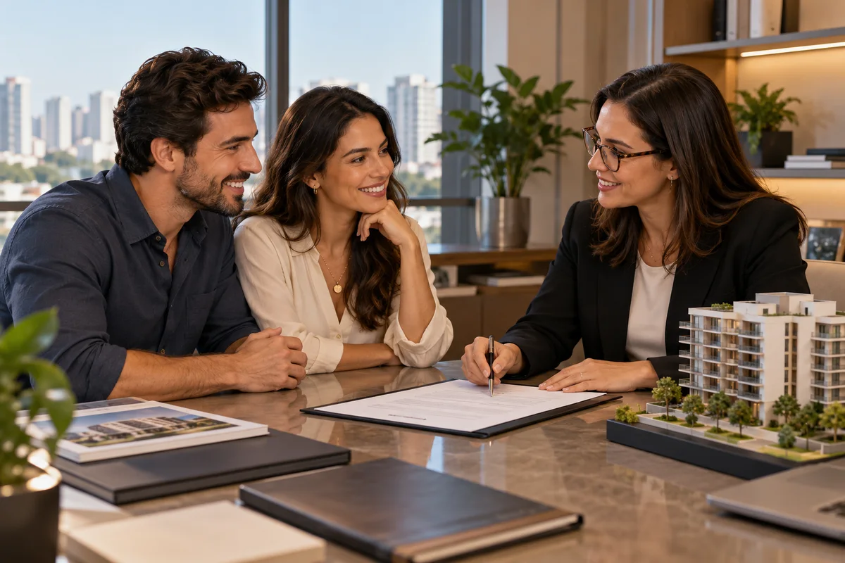 Casal conversa com assessora jurídica antes de comprar imóvel