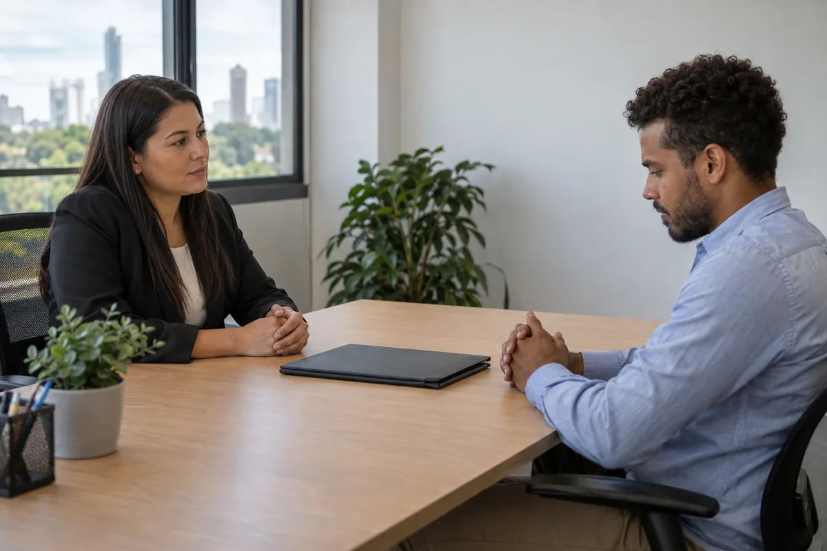 Profissional de RH conversa com empregado em reunião de desligamento