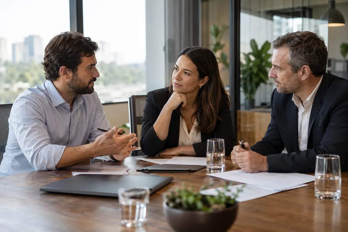 Sócios discutem regras de governança em reunião empresarial