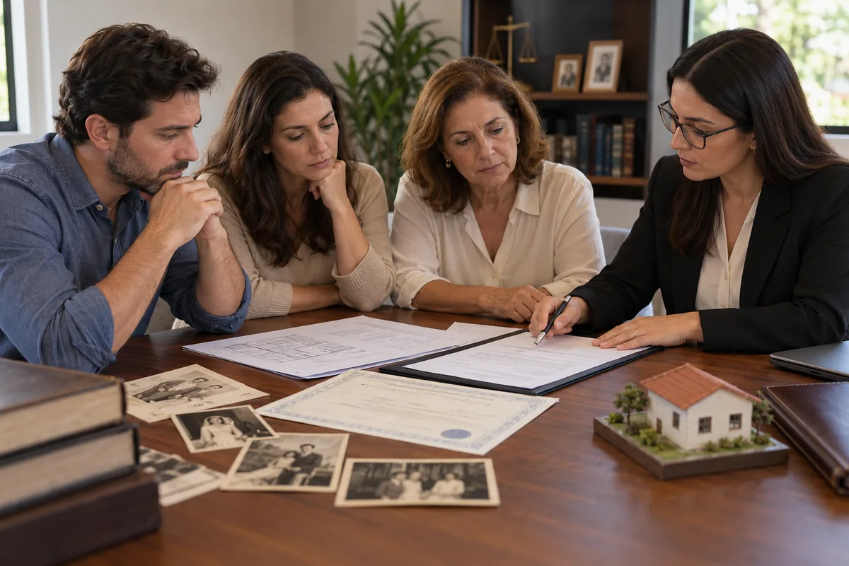 Herdeiros e advogada analisam documentos de imóvel recebido por herança