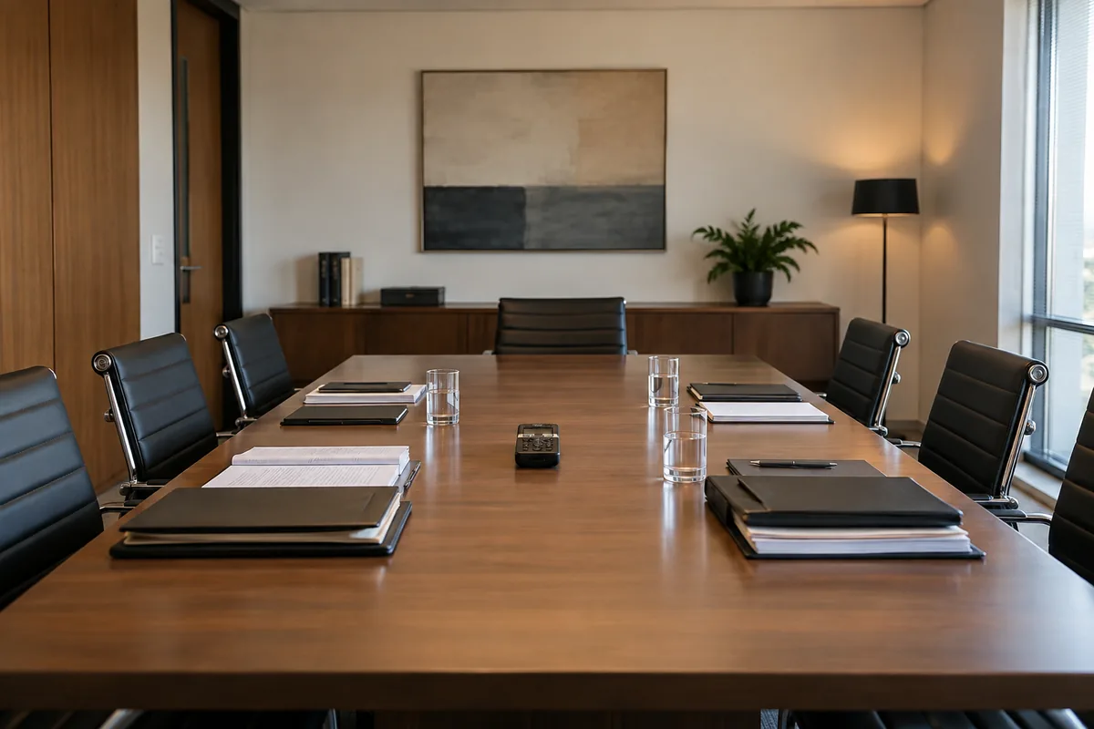 Sala institucional com documentos organizados para reunião