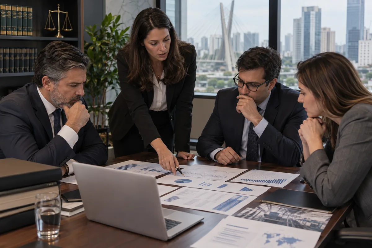 Diretores e advogada analisam fluxo de caixa e plano de reestruturação
