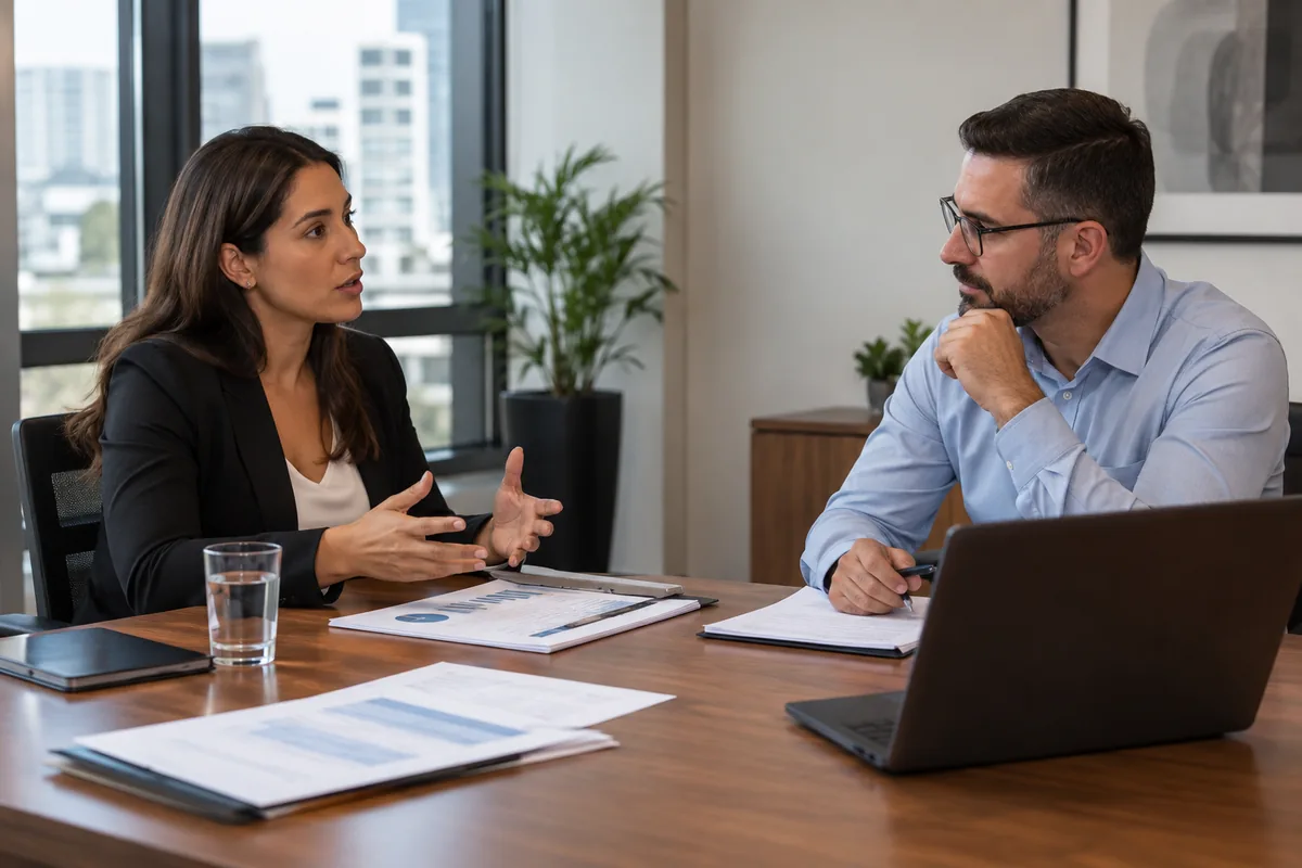 Empregada conversa com RH sobre critérios salariais
