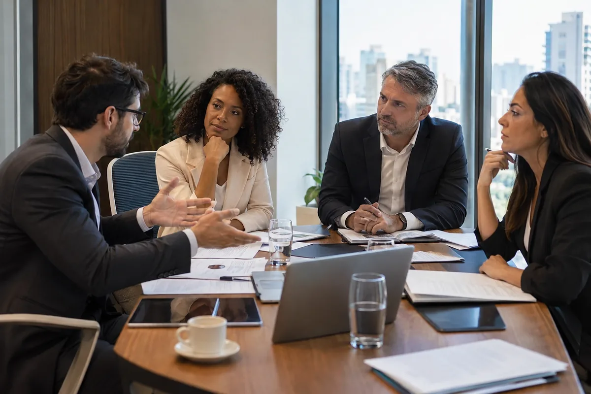 Sócios reunidos para deliberar sobre decisões da empresa