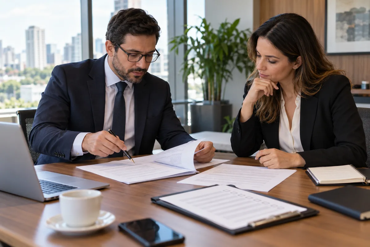 Advogado e gestora revisando cláusulas de contrato empresarial