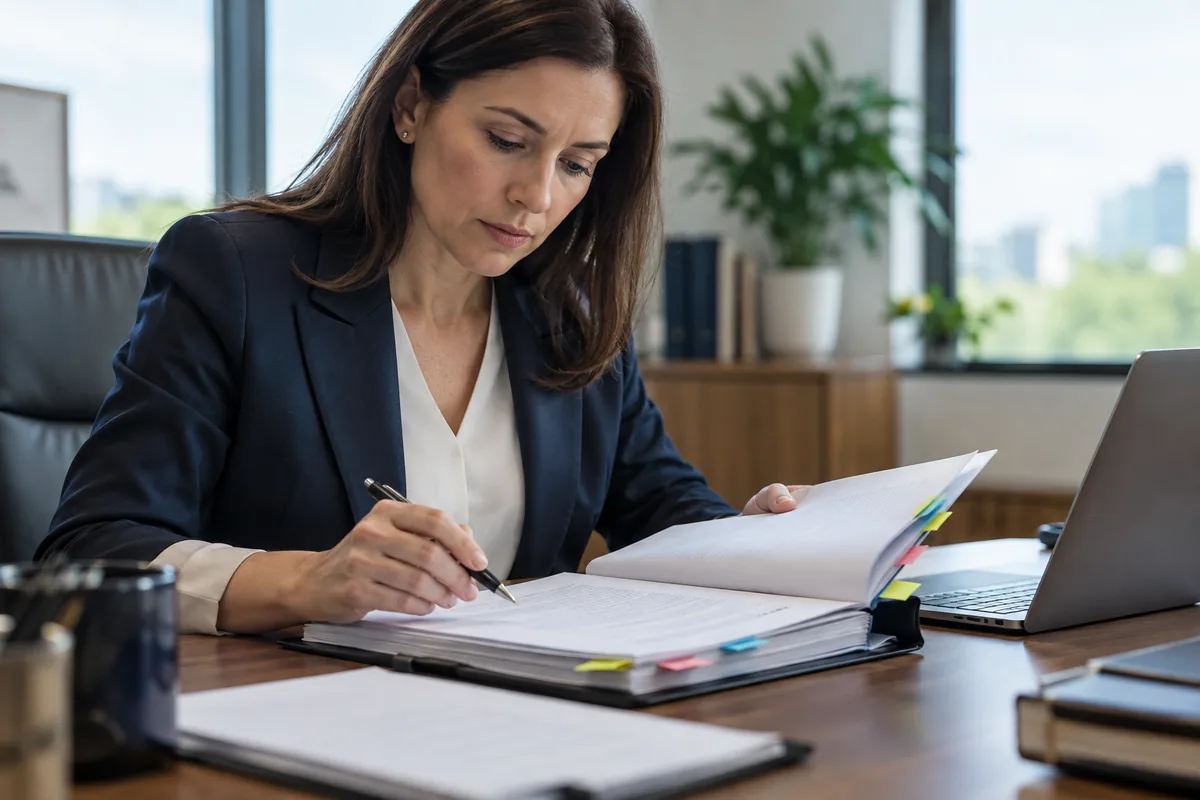 Advogada revisa cláusulas e prazos de contrato empresarial