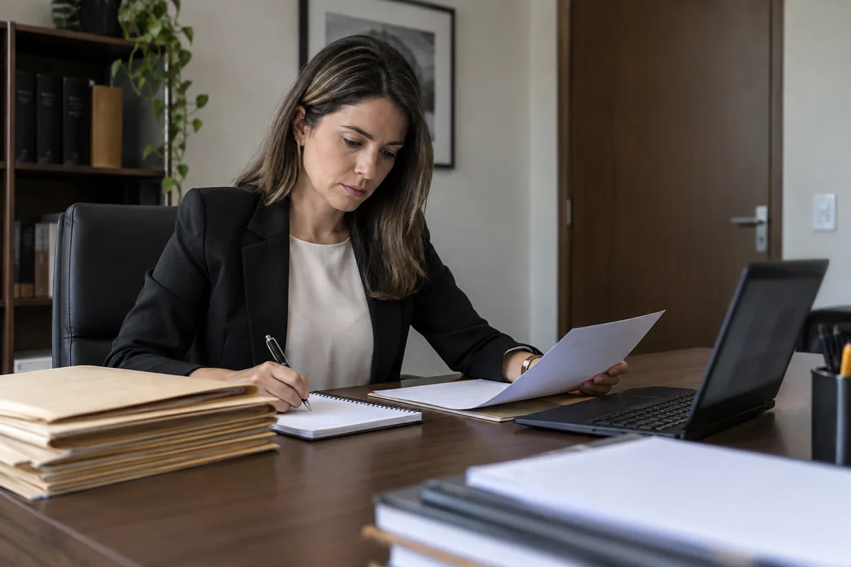 Advogada revisa documentos de acusação com confidencialidade