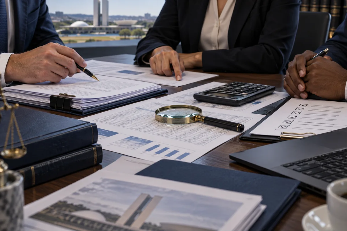 Equipe jurídica revisa contratos e evidências de conformidade tributária