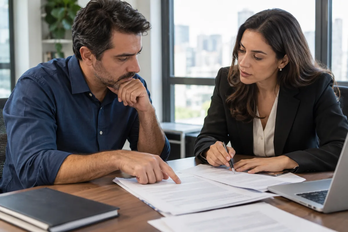 Advogada explica cláusulas durante a revisão de contrato com empresário