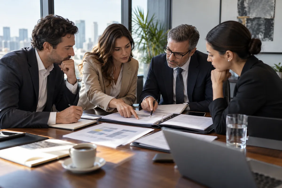 Sócios e advogados revisando contrato social e regras de decisão
