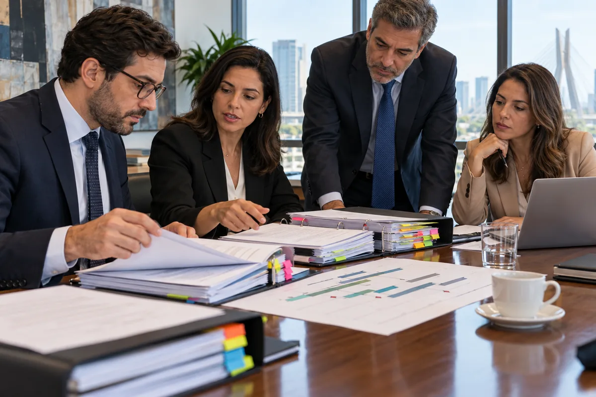Equipe revisa contratos afetados por uma fusão empresarial