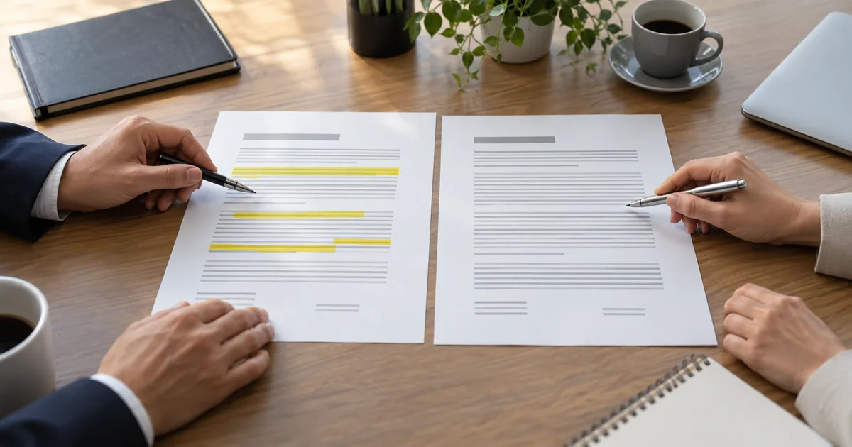 Duas versões de contrato comparadas durante revisão