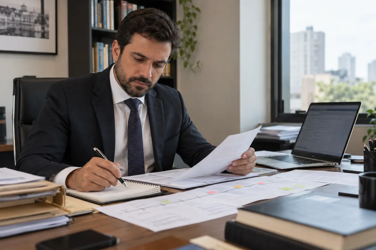 Advogado revisa documentos e cronologia de acusação criminal