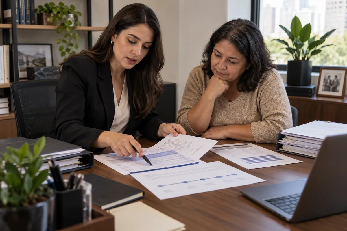 Advogada e cliente revisam documentos e valores da pensão