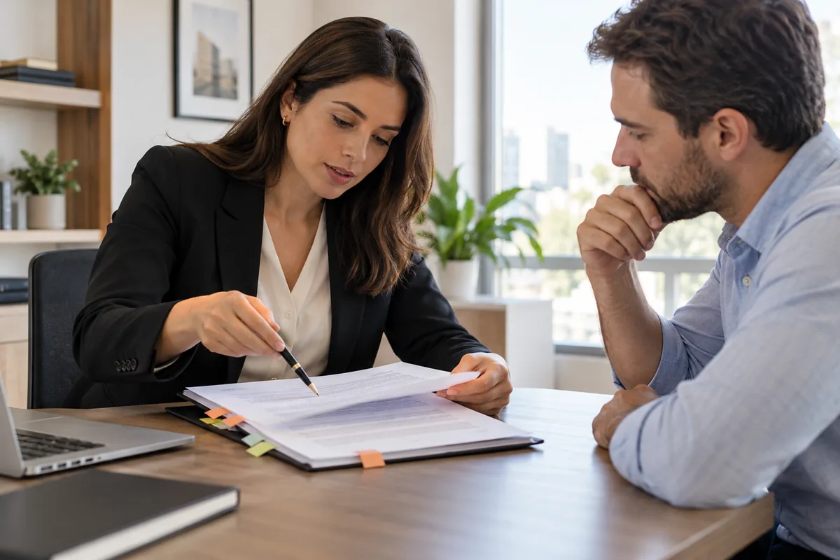 Advogada revisa contrato de compra e venda de imóvel com cliente