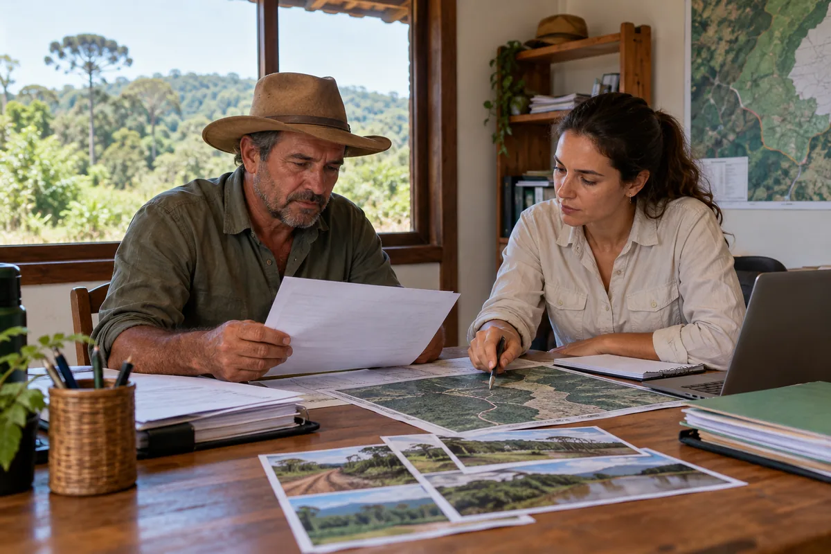 Proprietário e especialista ambiental revisam documentos e mapa do imóvel
