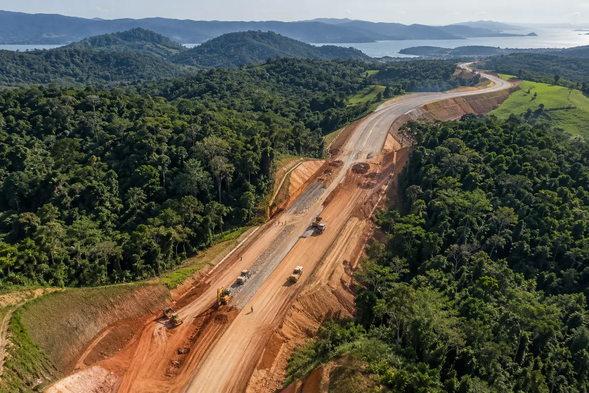 Trecho de rodovia em implantação entre áreas de vegetação preservada
