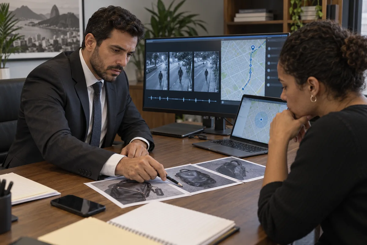 Advogado e cliente analisam imagens e localização em caso patrimonial