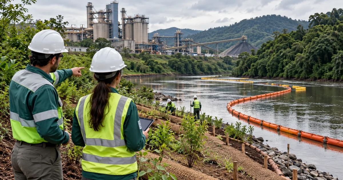 Equipe acompanha contenção e recuperação ambiental junto a área industrial