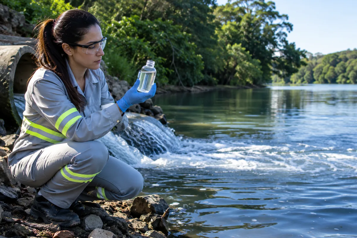 Técnica coleta amostra em ponto de lançamento de efluente tratado no rio