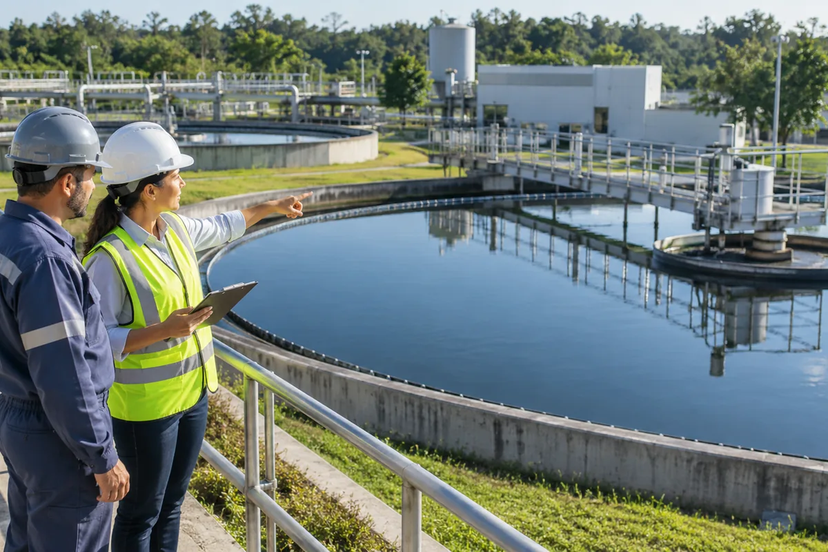 Engenheira e operador inspecionam tanques de estação de tratamento de esgoto