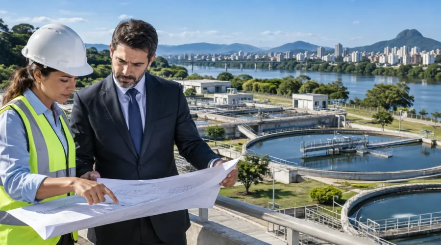 Engenheira e advogado analisam projeto de estação de tratamento próxima ao rio