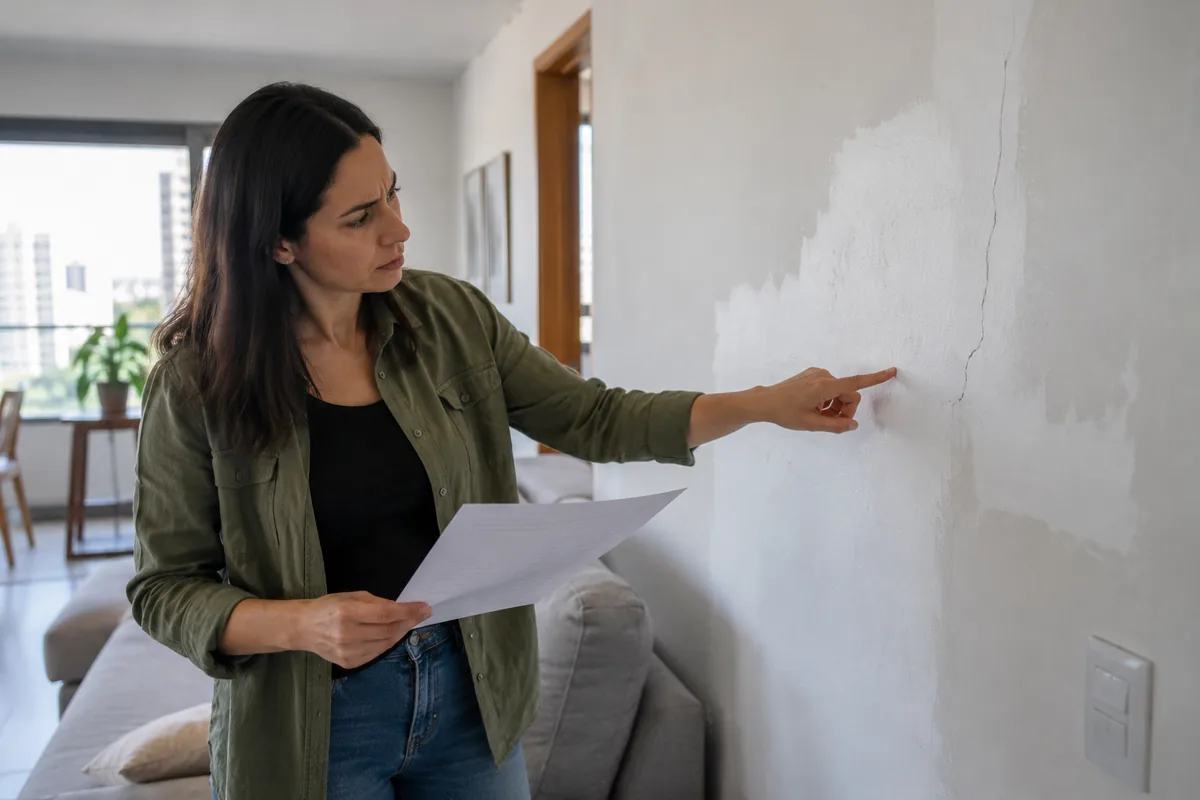 Consumidora inspeciona rachadura após serviço mal prestado