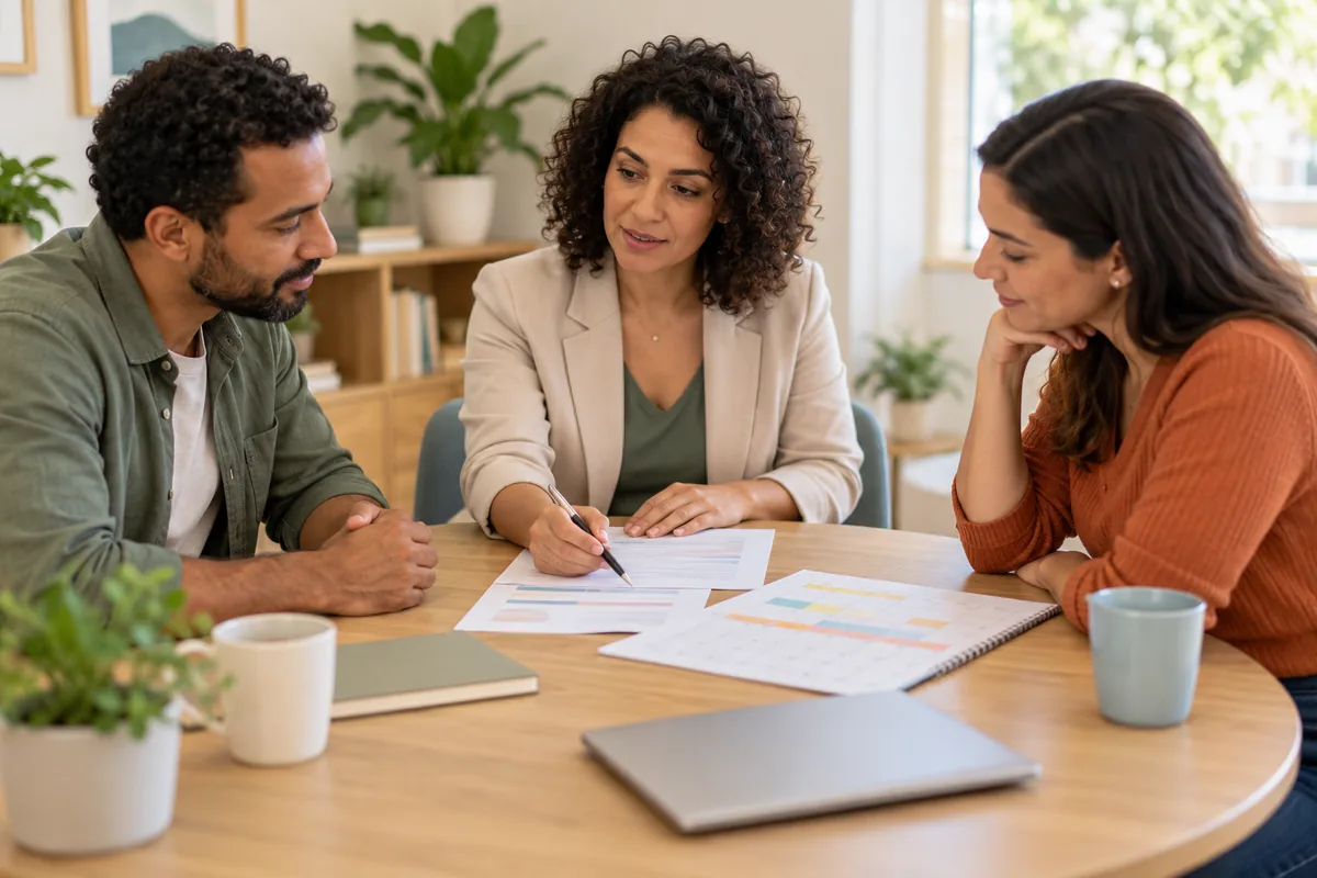 Mediadora conversa com responsáveis sobre plano parental