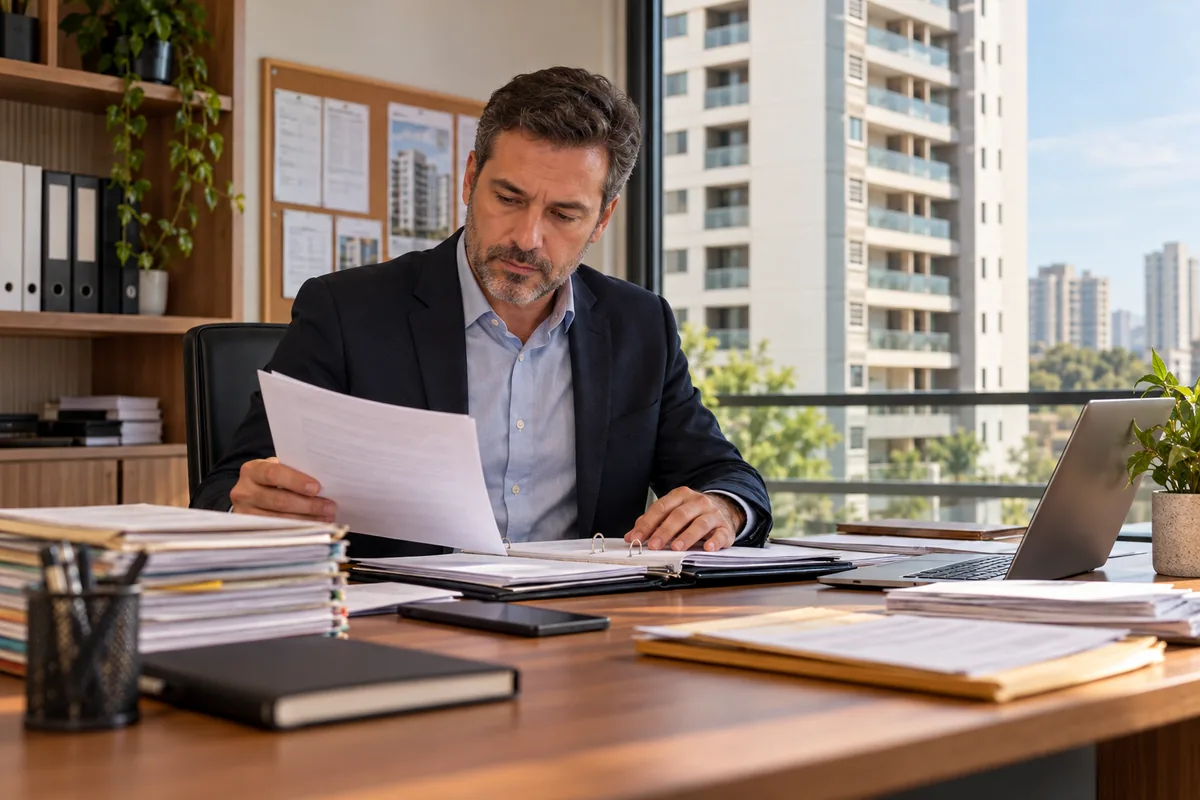 Síndico revisa documentos e registros da gestão condominial