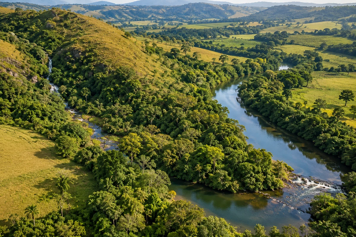 Paisagem rural reúne rio, nascente, encosta e mata ciliar preservada