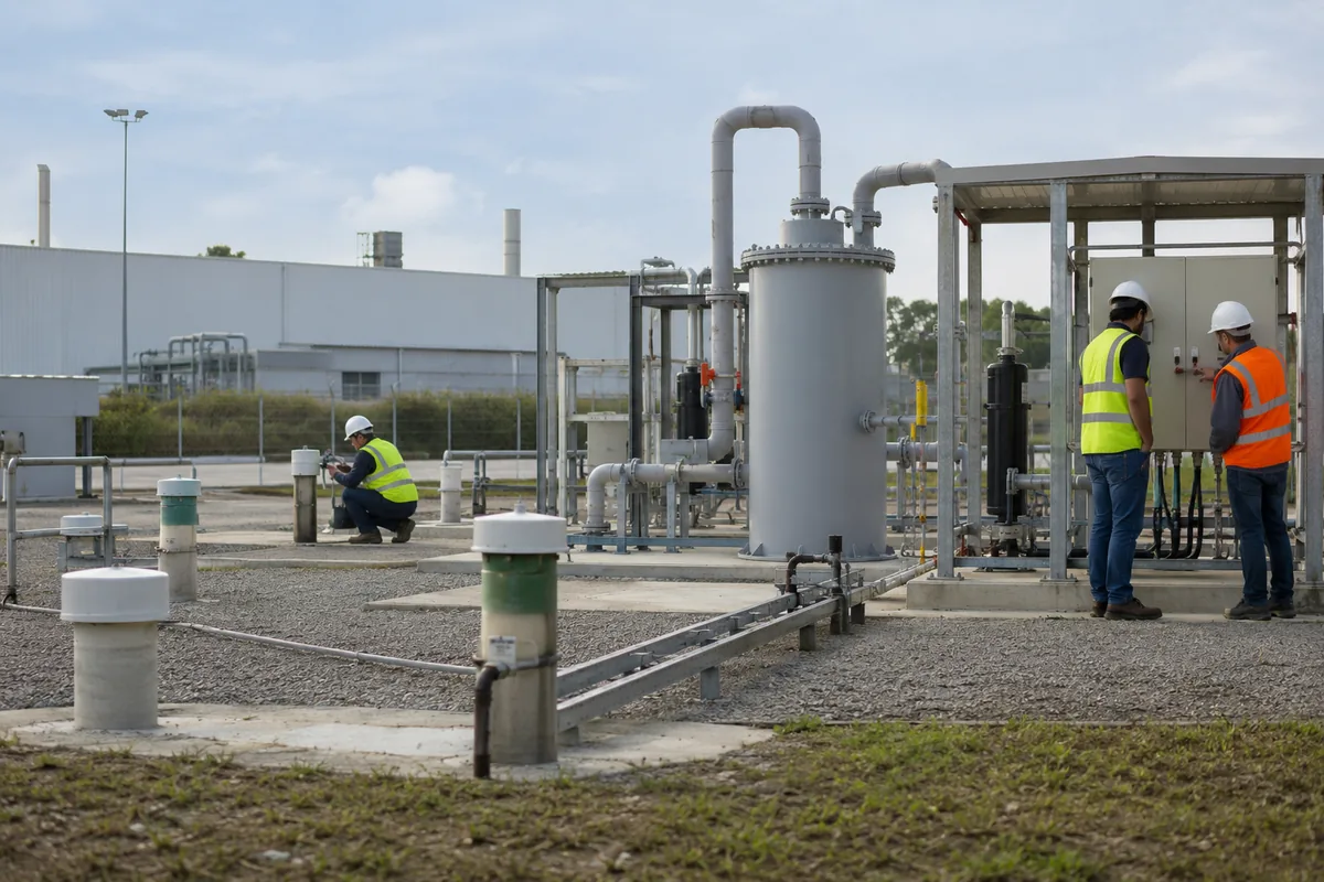 Técnicos verificam sistema de remediação em terreno industrial